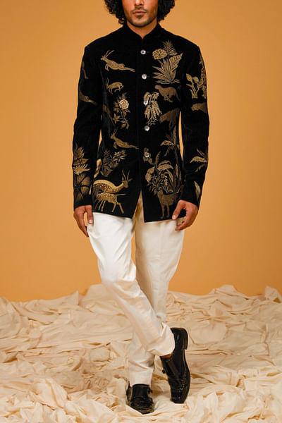 Black jungle embroidered bandhgala