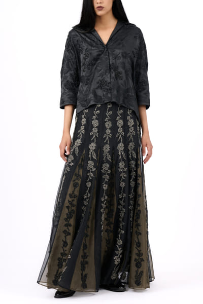 Black khaki and silver embroidered skirt
