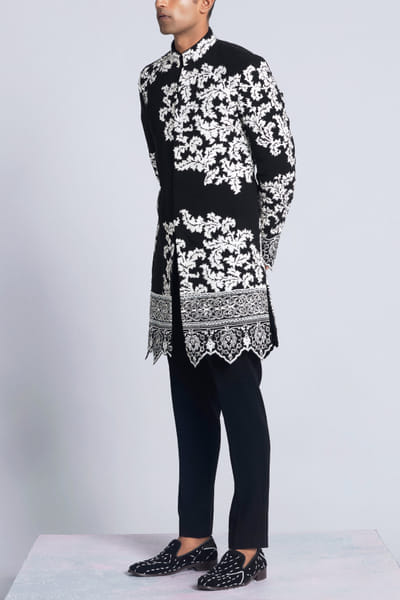 Sarab Khanijou Black leaf appliqued achkan set SARDEC24D1915