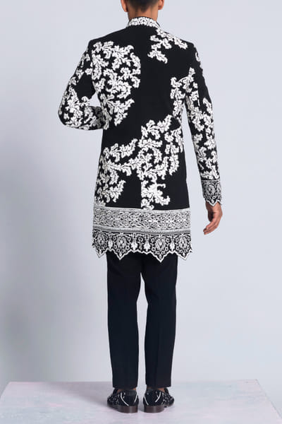 Sarab Khanijou Black leaf appliqued achkan set SARDEC24D1915