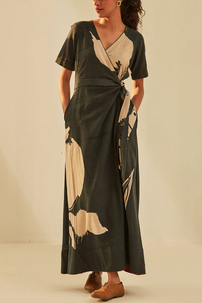 Black leaf printed wrap dress