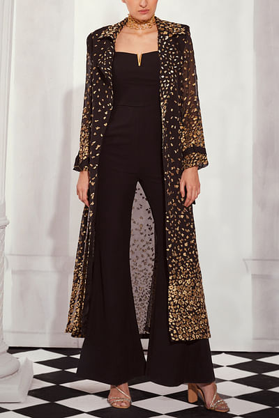 Black leopard embroidered long jacket set