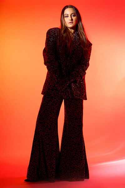 Black leopard print crystal jacket set