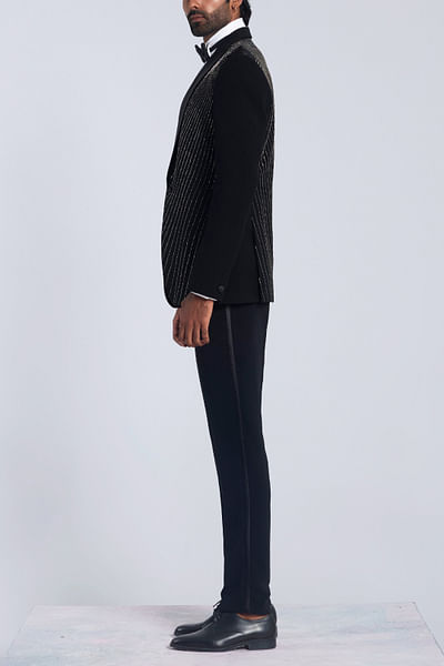 Black linear cutdana embroidery tuxedo set