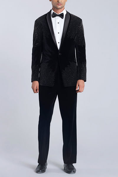 Black linear cutdana embroidery velvet tuxedo set