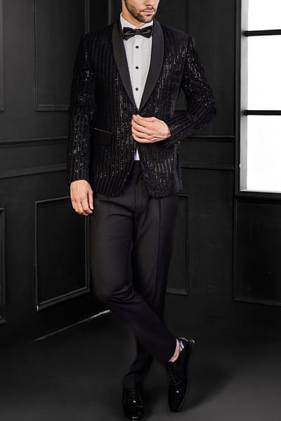 Black linear sequin embroidered tuxedo set