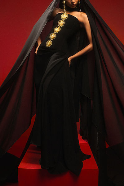Black mascot embellished corset and skirt set