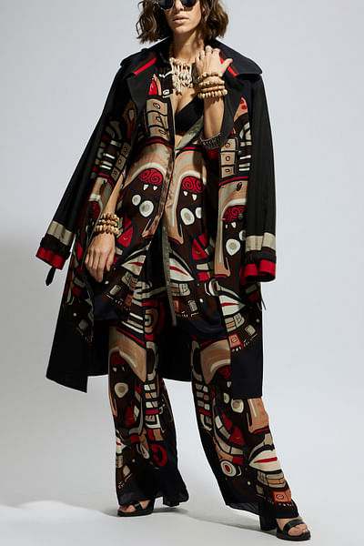 Black mask printed trench coat