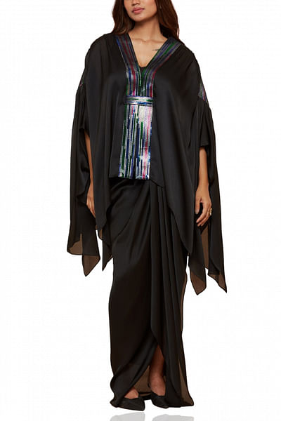 Black metallic detail drape cape and skirt set