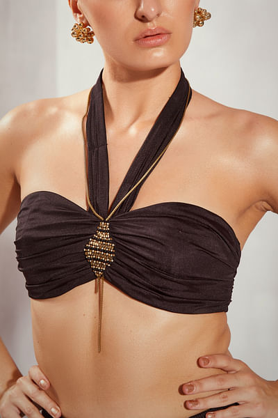 Black metallic embellished halter bikini top