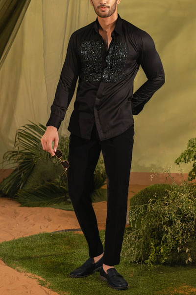 Black metallic embellished vegan silk shirt