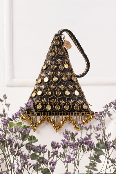 Black metallic embroidered triangle bag