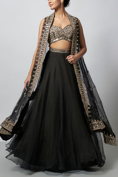Black mirror embroidered cape and lehenga set