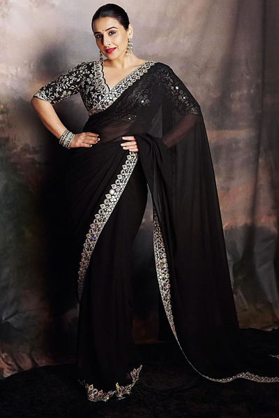 Black mirror embroidered chiffon sari set
