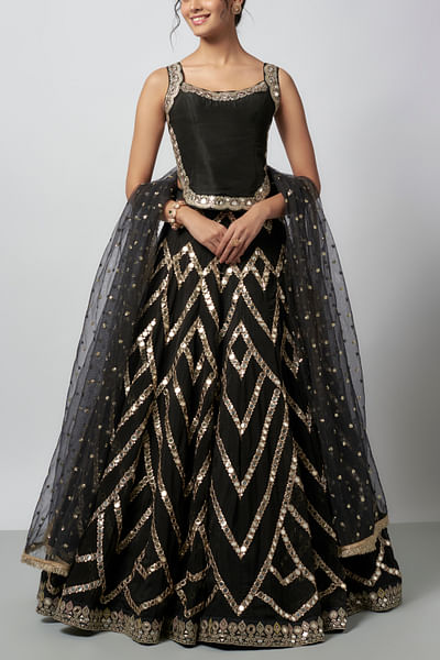 Black mirror embroidered lehenga set