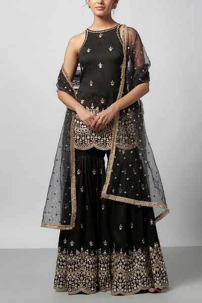 Black mirror embroidered sharara set