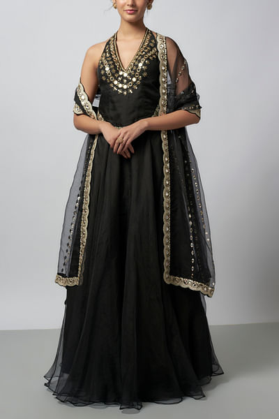 Black mirror embroidery lehenga set