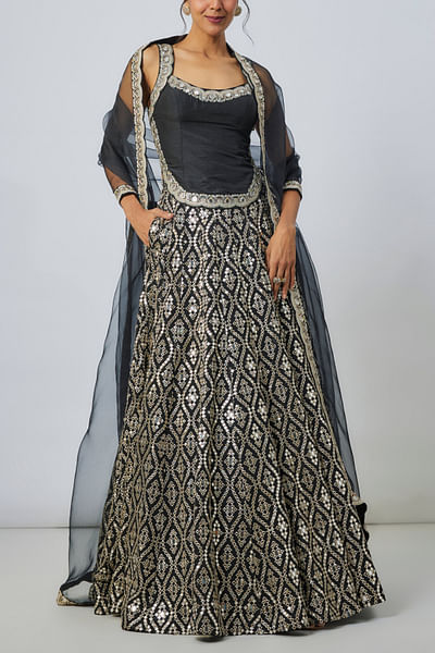 Black mirror embroidery lehenga set