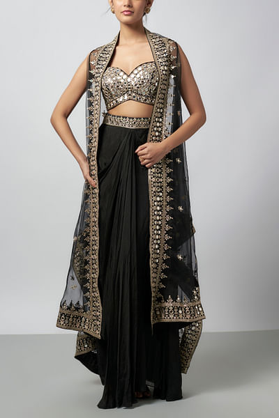 Black mirror work cape and draped skirt set