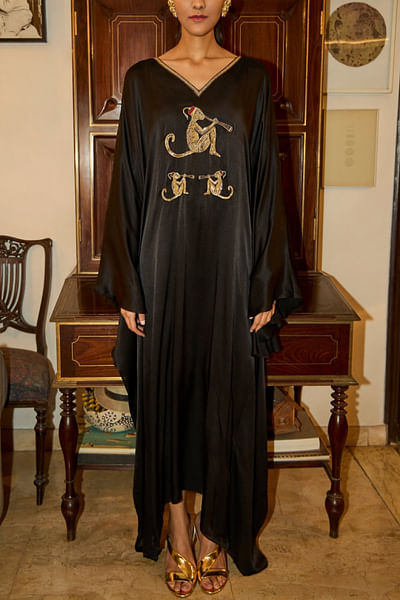Black monkey sequin embroidered kaftan