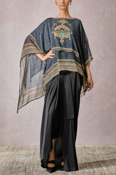 Black Mughal printed layered cape top