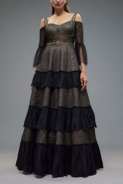 Black net frilled gown