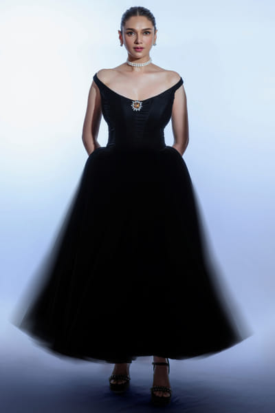 Black off-shoulder corseted dress