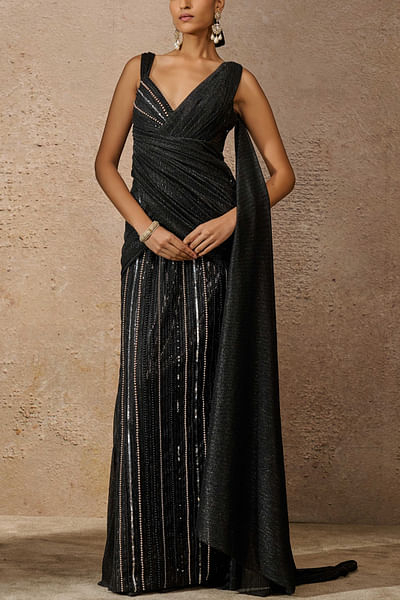 Black off-shoulder embroidered crinkle gown