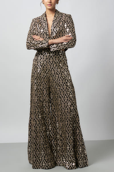 Black ogee mirror embroidered blazer set