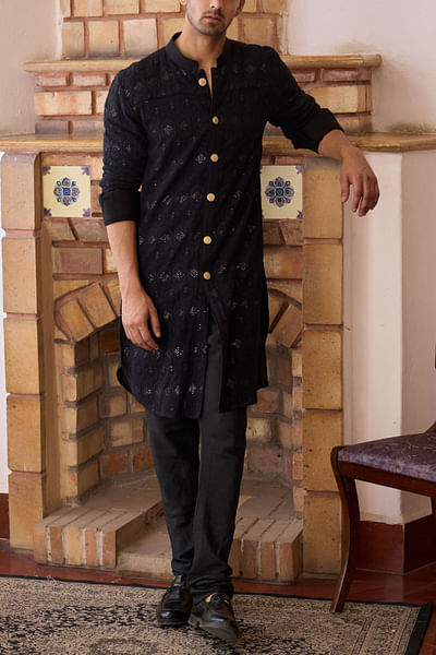 Black ogee sequin embroidered kurta set