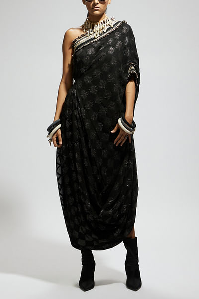 Black one-shoulder cowl dress