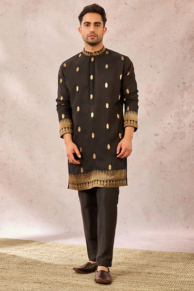 Black palm printed jacquard silk kurta