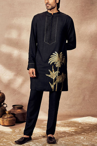 Black palm tree foil printed kurta set