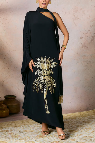 Black palm tree foil printed one-shoulder kaftan