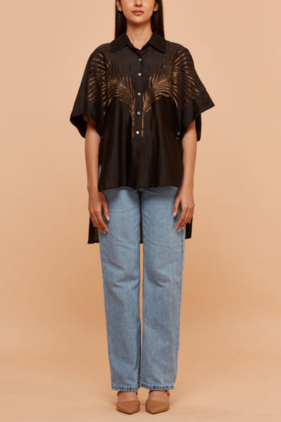 Black peacock appliqued kaftan shirt