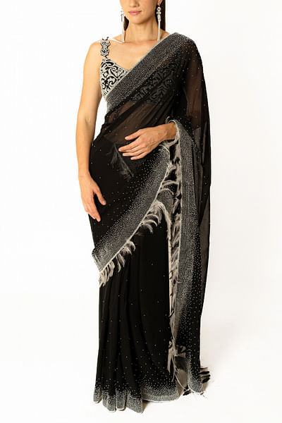 Black pearl and feather detail sari set