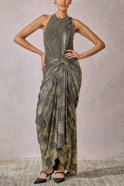 Black pearl embellished corset concept sari