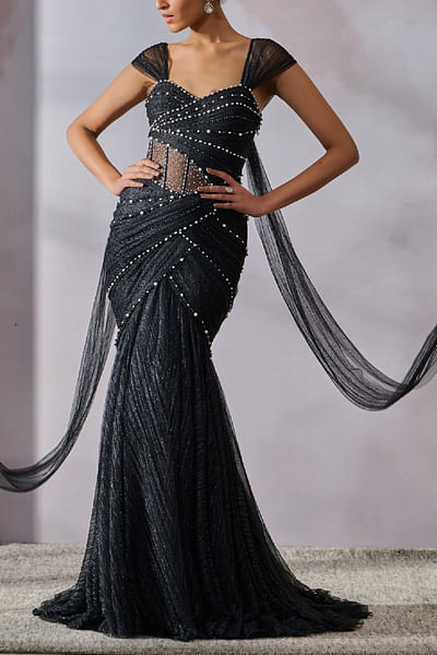 Black pearl embellished draped gown