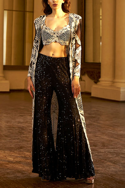 Black pearl embroidery long jacket set