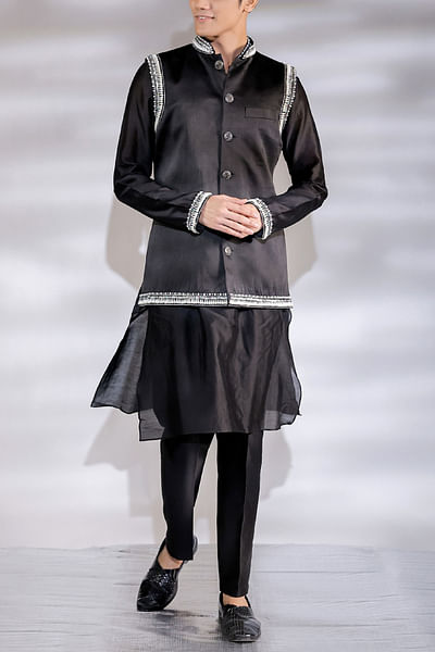 Black pearl embroidery Nehru jacket kurta set