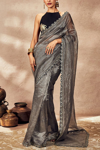 Black pinstriped scallop embroidered sari set
