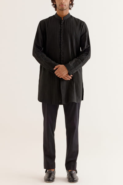 Devnaagri Black pintuck front open kurta set DEVDEC24D11889