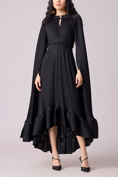 Black pleated cape dress