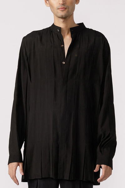 Black pleated mandarin collar shirt