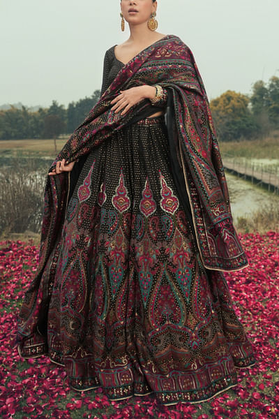 Black polka dot and floral woven lehenga set
