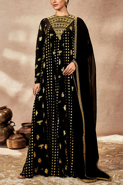 Black pot and palm foil printed anarkali set