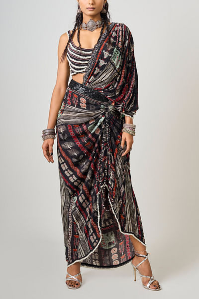 Black pre-draped sari and blouse