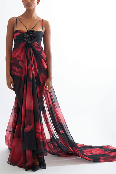 Black printed drape gown