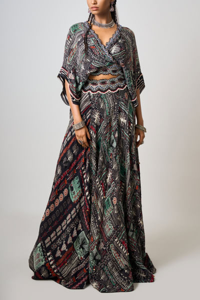 Black printed kaftan top and lehenga
