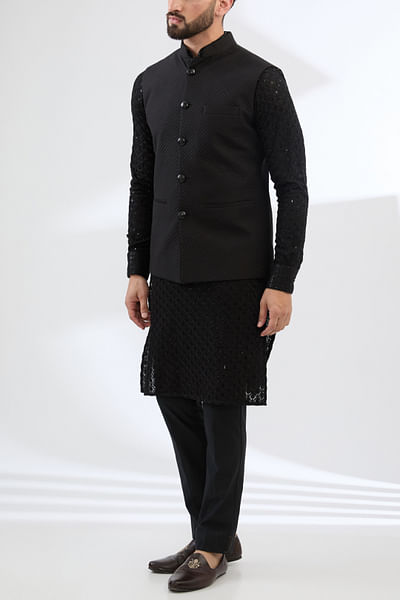 Black quilted bandi and embroidered kurta set